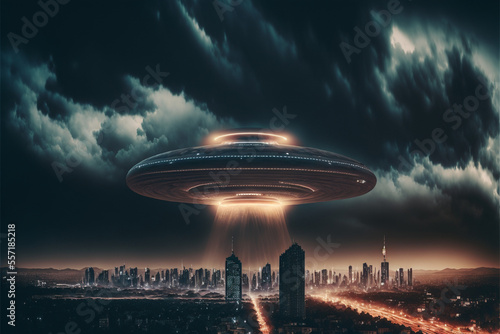 A UFO is sending light from a spaceship down to the big city with Generative AI