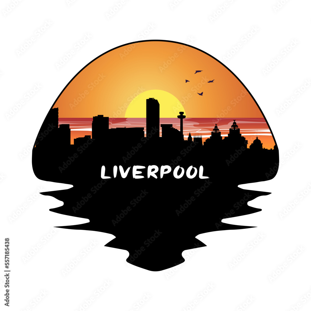 Liverpool England Skyline Silhouette Retro Vintage Sunset Liverpool Lover Travel Souvenir Sticker Vector Illustration SVG EPS