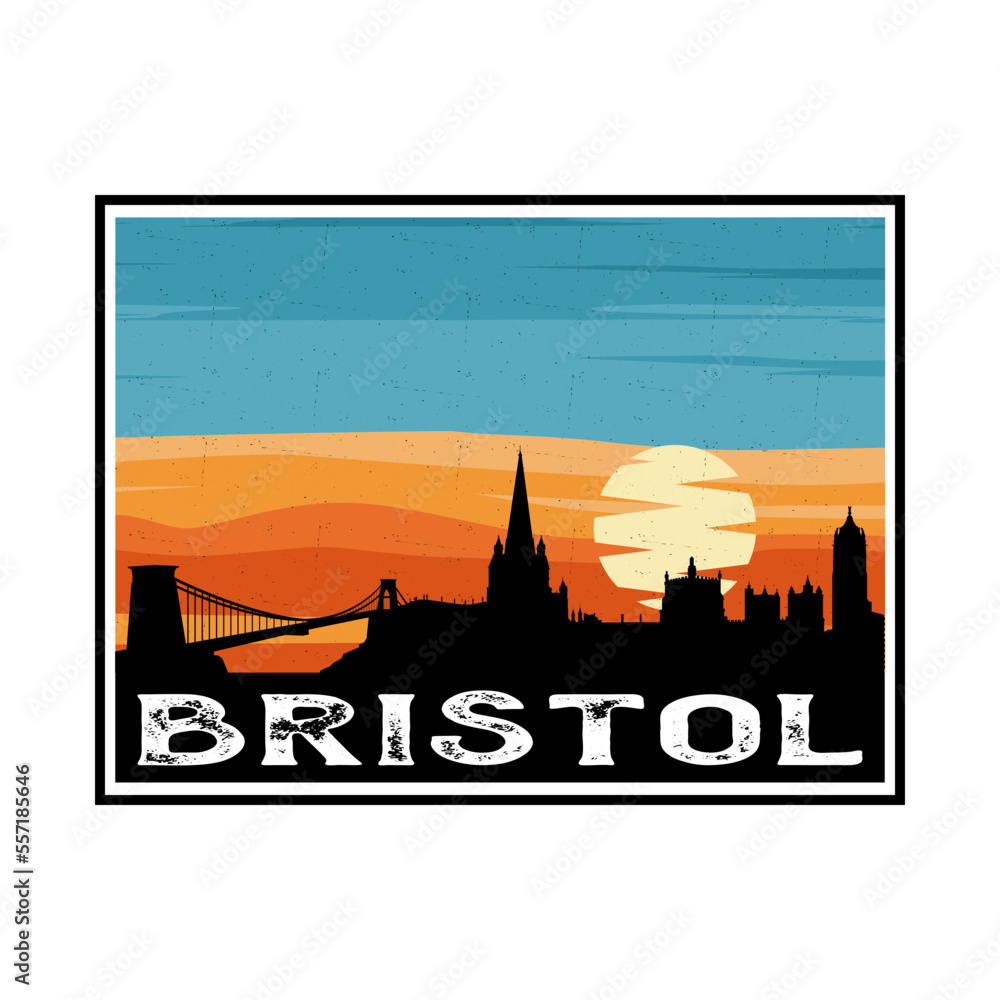 Bristol England Skyline Silhouette Retro Vintage Sunset Bristol Lover Travel Souvenir Sticker Vector Illustration SVG EPS