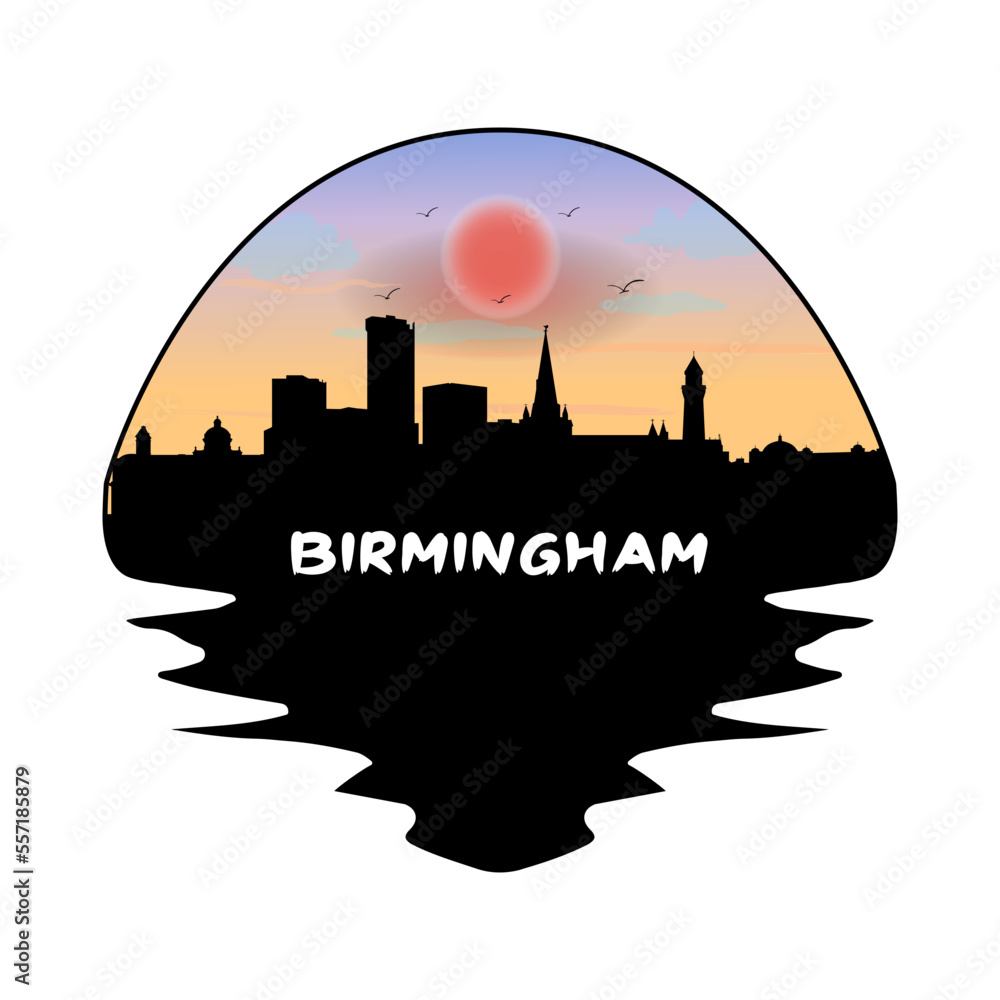 Birmingham England Skyline Silhouette Retro Vintage Sunset Birmingham Lover Travel Souvenir Sticker Vector Illustration SVG EPS