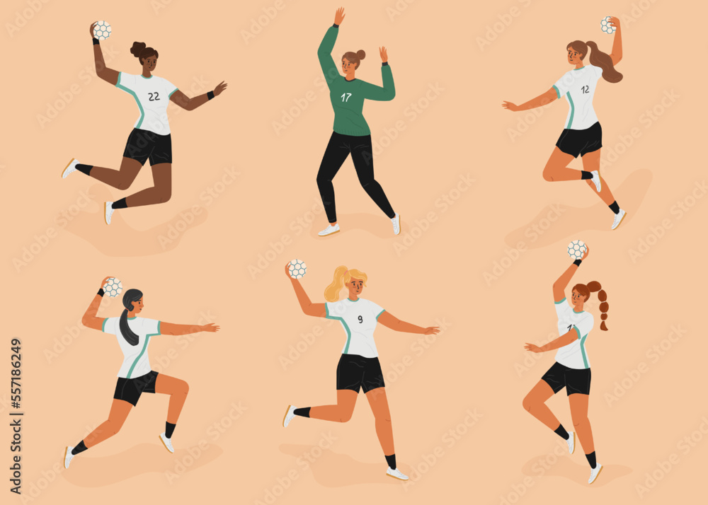 Female handball players isolated characters vector set. Girls players figures with hand ball on a field. Woman handball athletes in different positions. Forward, goalkeeper