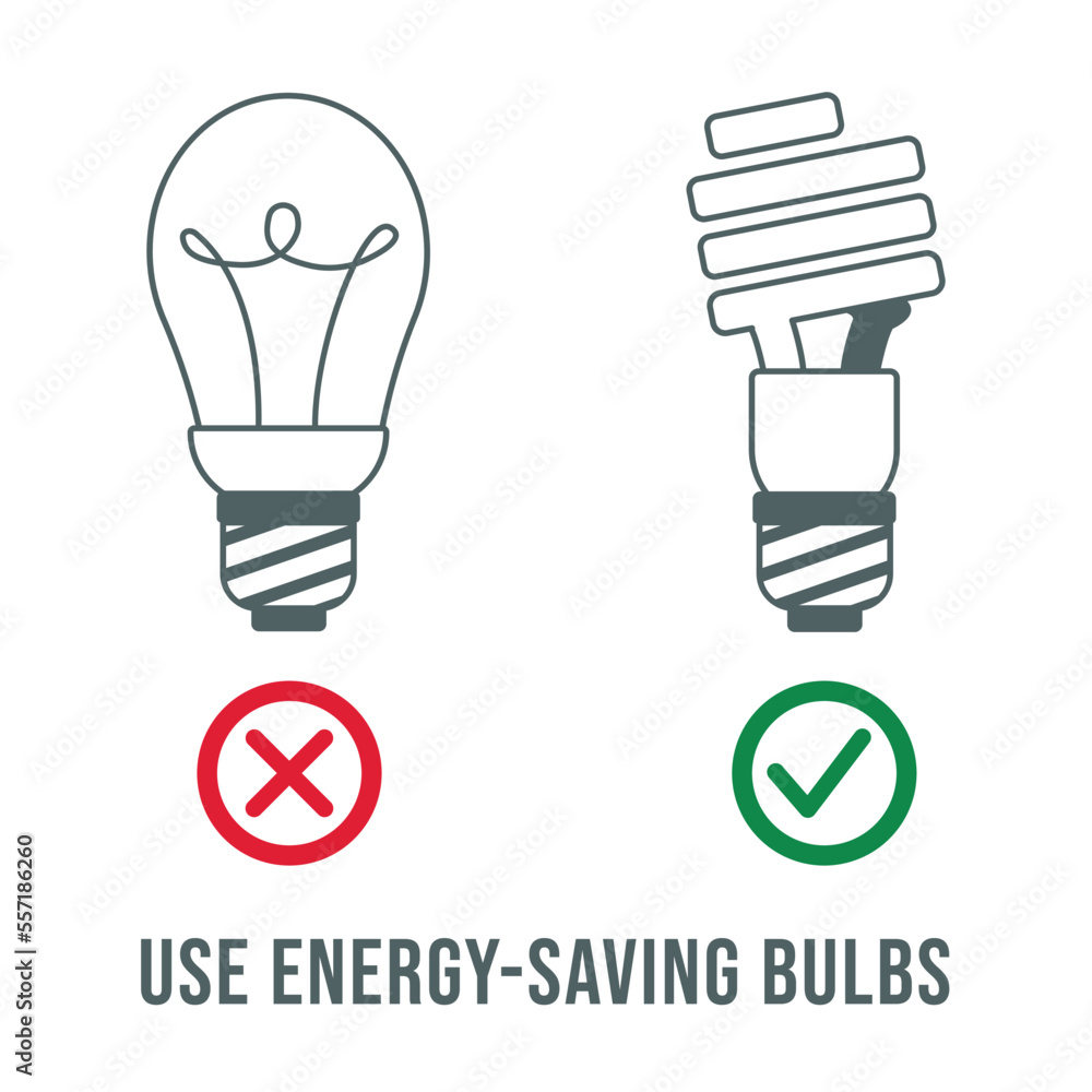 Fototapeta premium Replacement of lamps reduces electricity consumption. Vector flat energy saving lamp bulb symbols