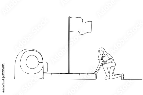 Illustration of businesswoman using measuring tape to analyze distance from target flag. One continuous line art style