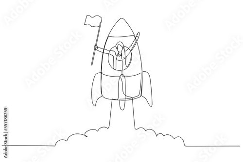Drawing of businesswoman with flag on a rocket ship launching. Single line art style