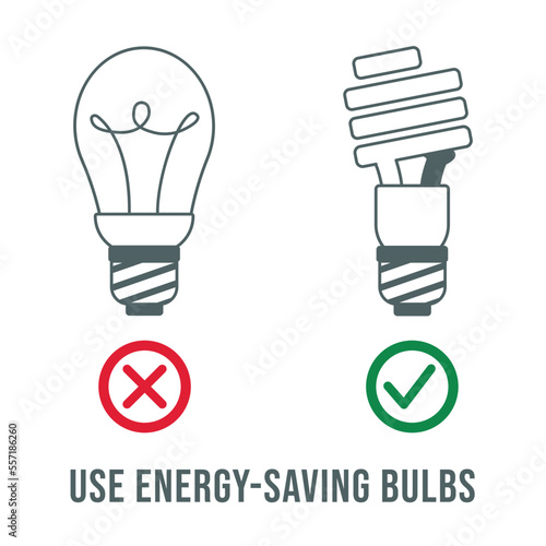 Replacement of lamps reduces electricity consumption. Vector flat energy saving lamp bulb symbols photo