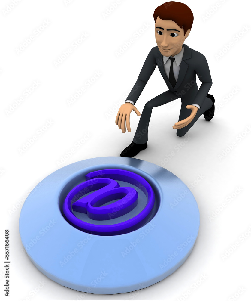 3d man press button with email icon concept 3d man press button with email icon concept