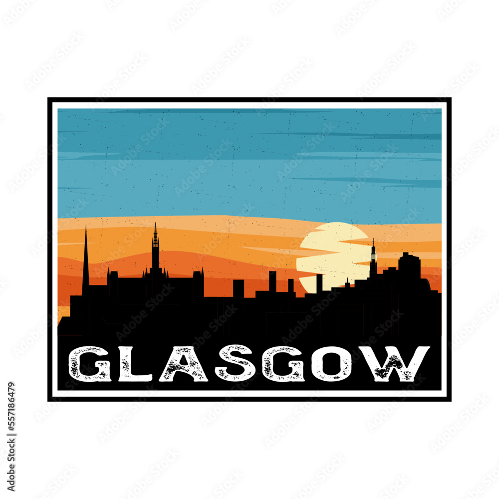 Glasgow Scotland Skyline Silhouette Retro Vintage Sunset Glasgow Lover Travel Souvenir Sticker Vector Illustration SVG EPS