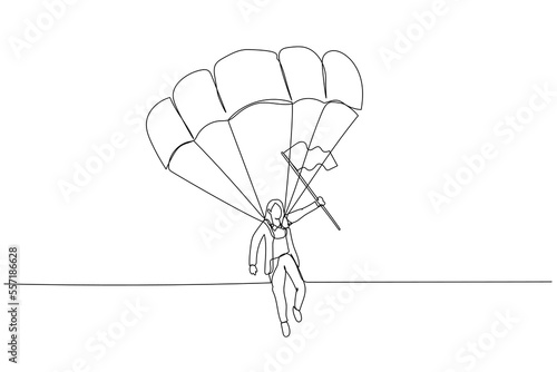 Illustration of businesswoman on a parachute with a flag lands on target concept of solution. One continuous line art style