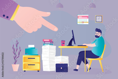 Big boss hand finger point at staff, shifting the blame to worker man. Subordination, hierarchy in team, teamwork, corporate slavery. Office work. Overloaded employee at workplace.