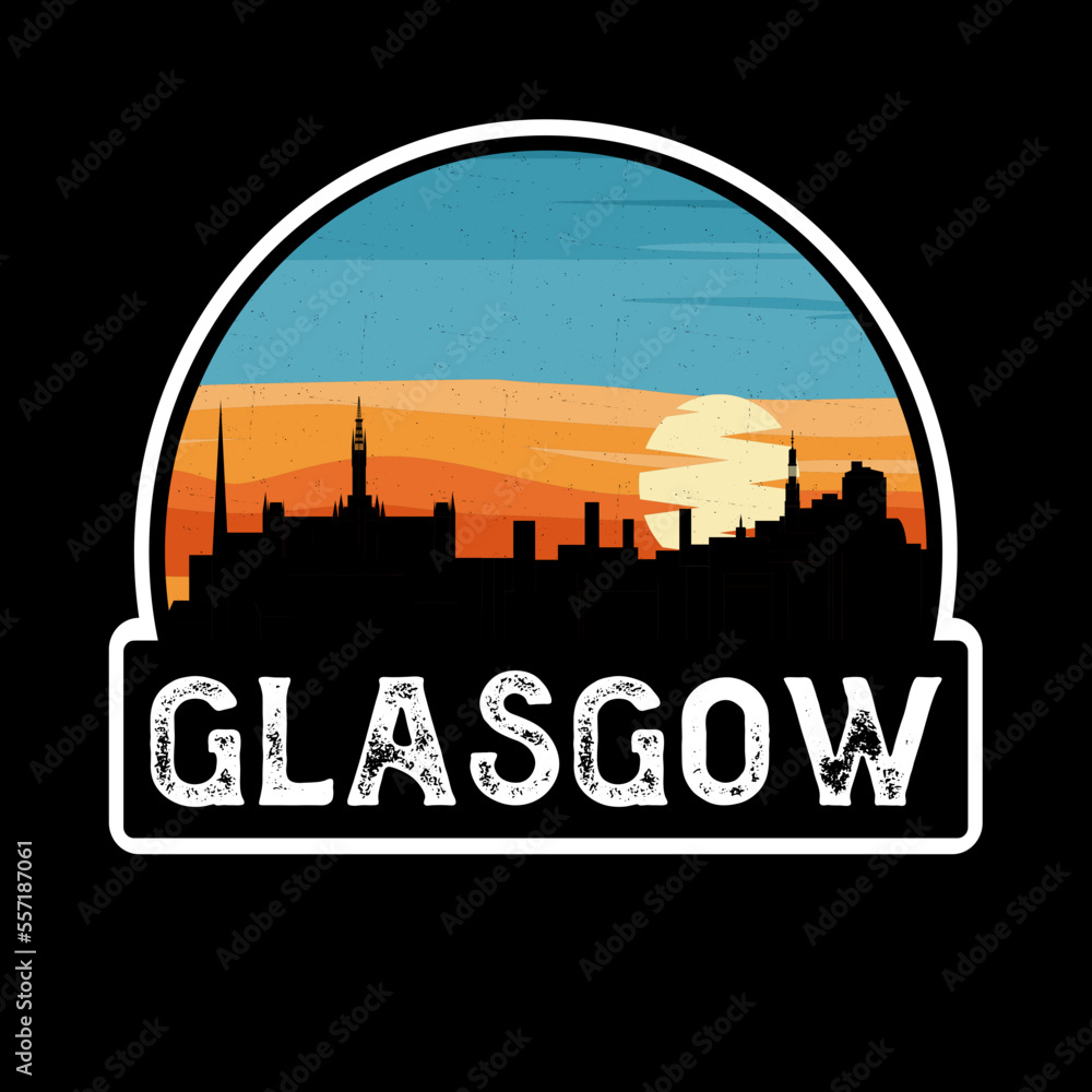 Glasgow Scotland Skyline Silhouette Retro Vintage Sunset Glasgow Lover Travel Souvenir Sticker Vector Illustration SVG EPS