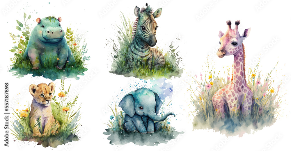 Obraz premium Safari Animal set elephant, giraffe, hippo, zebra, lion in watercolor style. Isolated vector illustration