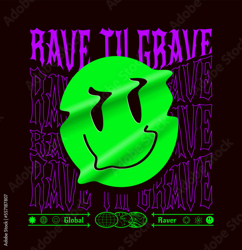 Rave til the grave party fancy retro poster on t-shirt print design template with vintage lettering and acid green smiled emoji face on black background. Vector illustration