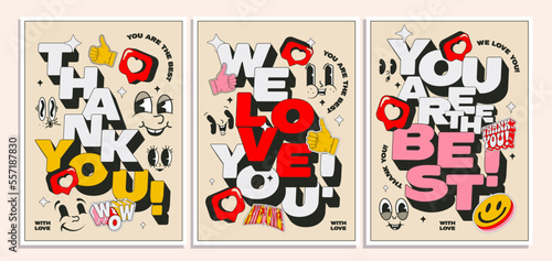 Set of grateful posters or cards with gratitude and admiration and recognition lettering and graphic elements composition on light background. Vector illustration