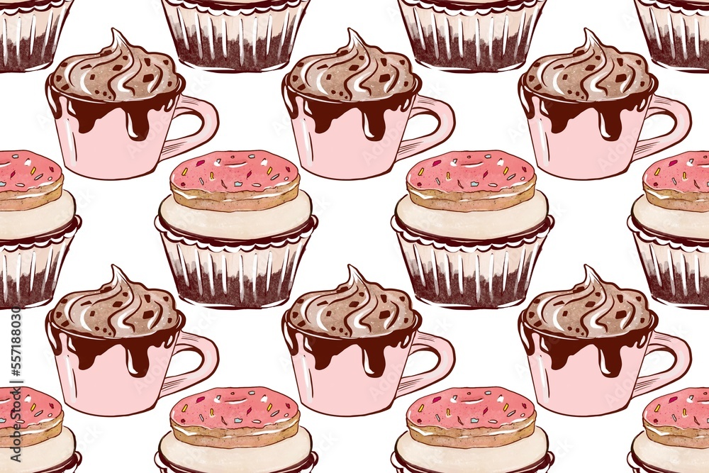 Seamless pattern with sweets, cupcake and donut. Food background, hand drawing illustration