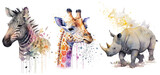 Safari Animal set giraffe, rhino, zebra in watercolor style. Isolated vector illustration
