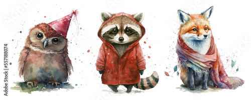 Safari Animal set fox, raccoon and owl in watercolor style. Isolated vector illustration