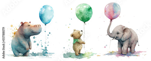 Safari Animal set Teddy bear, elephant and hippopotamus with balloons in watercolor style. Isolated vector illustration