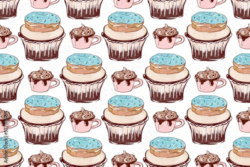 Seamless pattern with sweets, cupcake and donut. Food background, hand drawing illustration