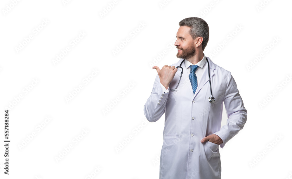 practitioner with stethoscope. practitioner isolated on white. medical practitioner man. copy space practitioner with stethoscope. practitioner isolated on white. medical practitioner man. copy space