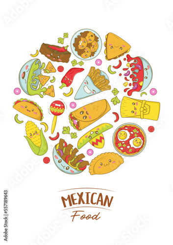 Mexican fast food poster template with kawaii food in cartoon doodle style. Menu for food fair and fisteval