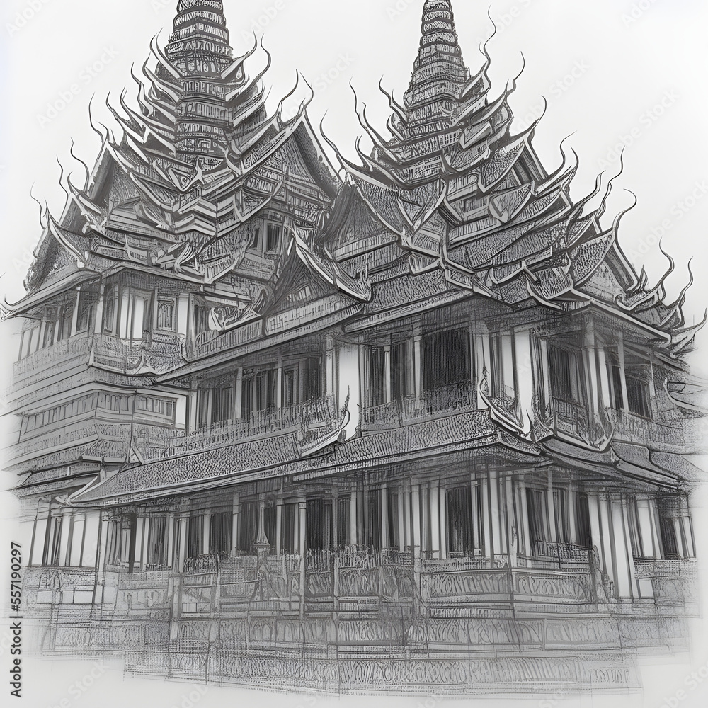 Cultural attractions Bangkok Thailand pencil sketch 