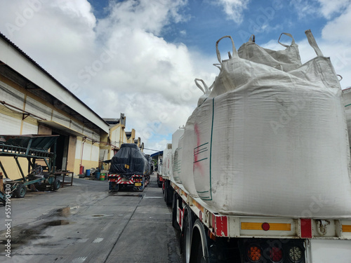 Chemical fertilizer Urea Stock pile jumbo-bag in a warehouse waiting for shipment.