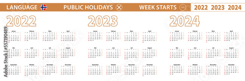 2022, 2023, 2024 year vector calendar in Norwegian language, week starts on Sunday.