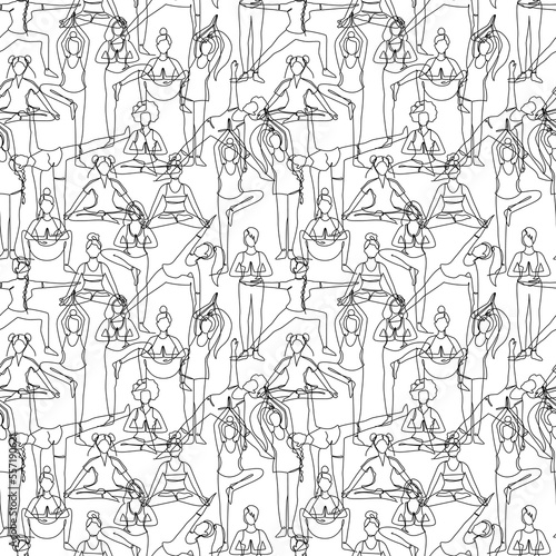 Seamless pattern with single line drawings of a girl sitting and standing in a yoga pose. Doodle illustrations of relaxing workout wallpaper