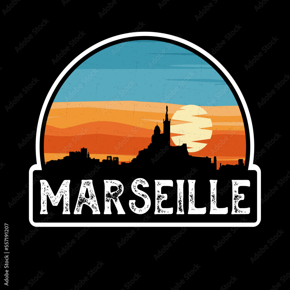 Marseille France Skyline Silhouette Retro Vintage Sunset Marseille Lover Travel Souvenir Sticker Vector Illustration SVG EPS