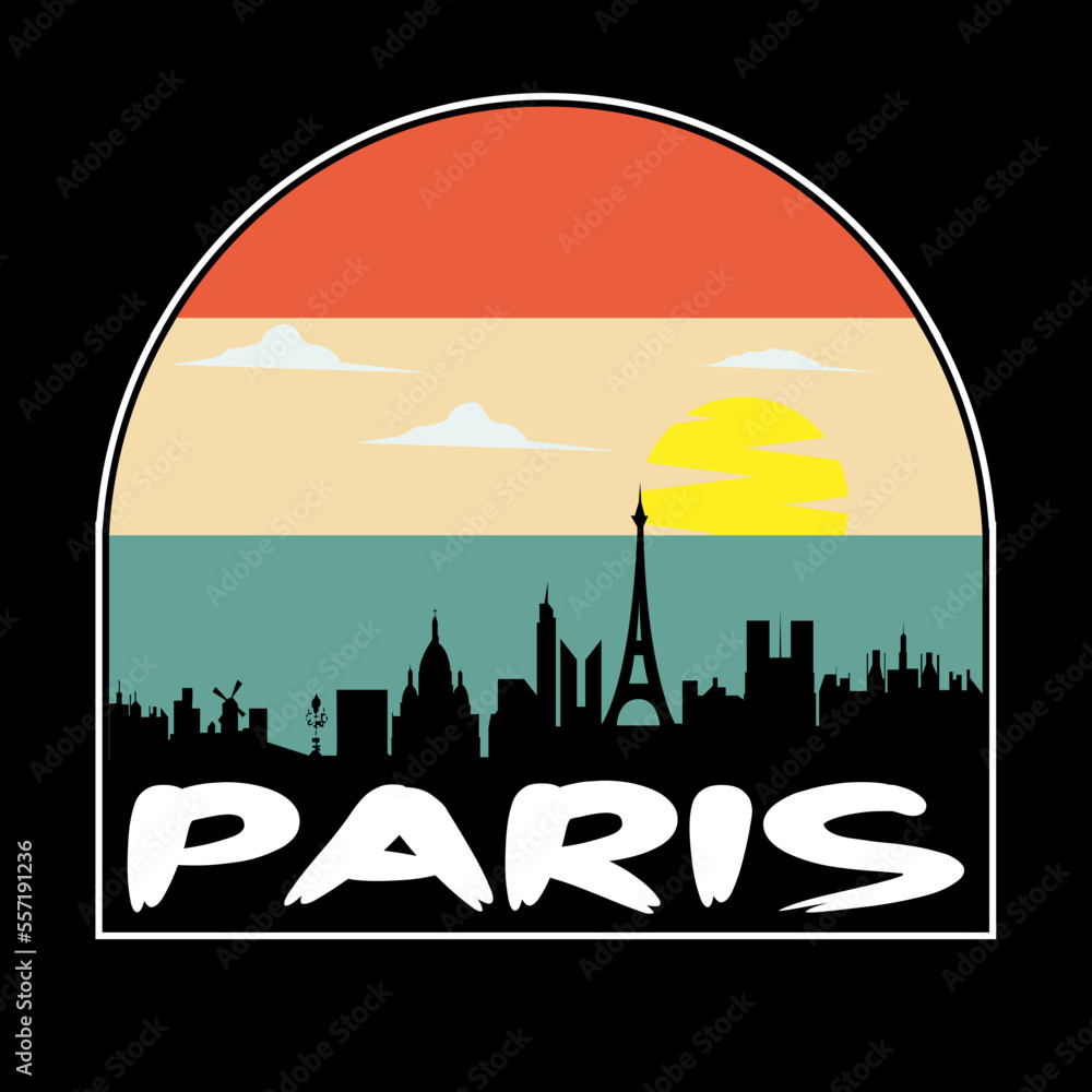 Paris France Skyline Silhouette Retro Vintage Sunset Paris Lover Travel Souvenir Sticker Vector Illustration SVG EPS
