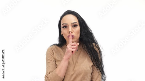 Brunette Woman Showing Silence on White Background