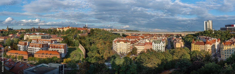 Panoramic aerial view of Prague with Nusle Bridge - Prague, Czech Republic
