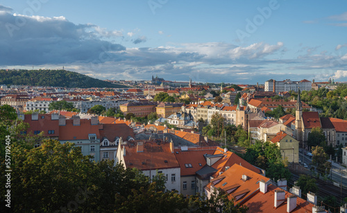 Aerial view of Nove Mesto with Prague Castle and Petrin Hill on background - Prague, Czech Republic
