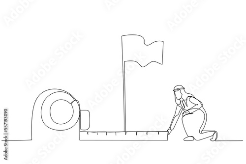 Cartoon of arab man using measuring tape to analyze distance from target flag. One line style art