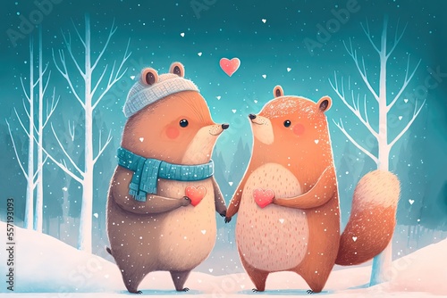  illustration of cute animal couple in winter season with forest as background photo