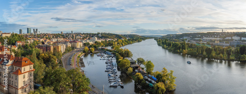Panoramic aerial view of Vltava River with Port of Podoli - Prague, Czech Republic