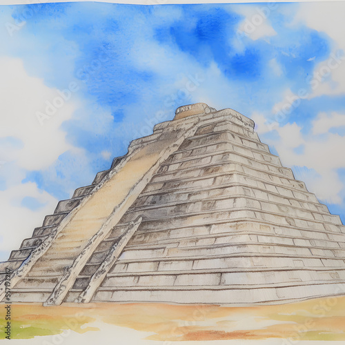 Historical sites Cancun Mexico watercolor on paper 