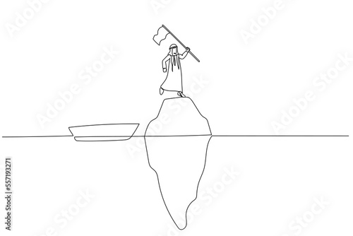 Cartoon of arab man holding flag at peak of iceberg concept of illusion. One line art style