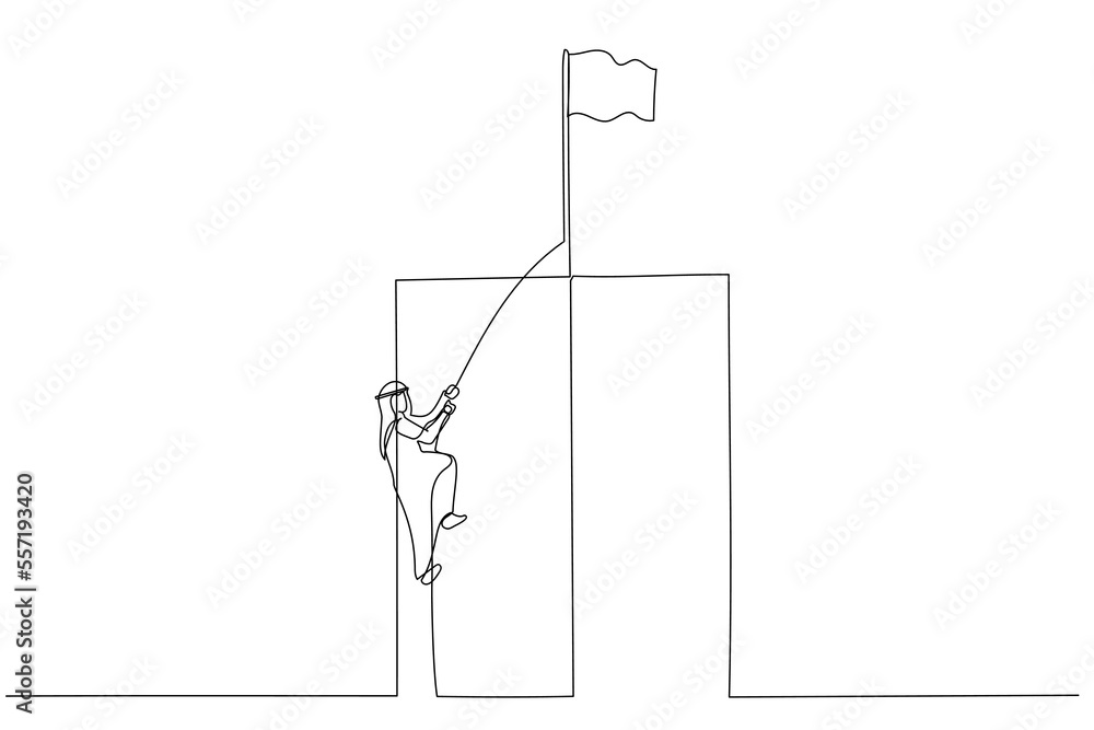 Obraz premium Drawing of arab man climbing a cliff on a rope concept of career growth. Single continuous line art style