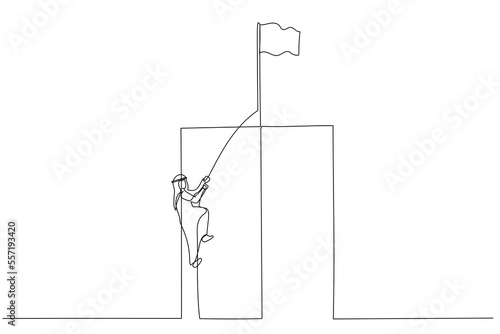 Drawing of arab man climbing a cliff on a rope concept of career growth. Single continuous line art style photo