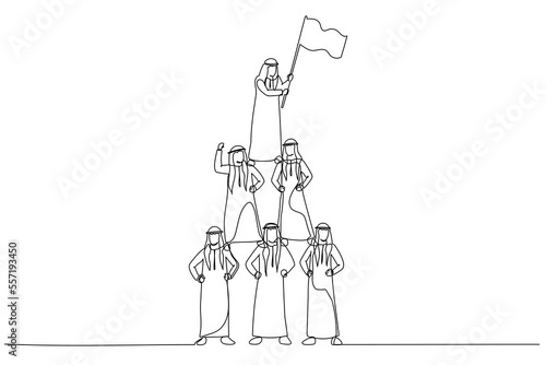 Cartoon of arab man make pyramid and lead by business leader with flag. One line art style