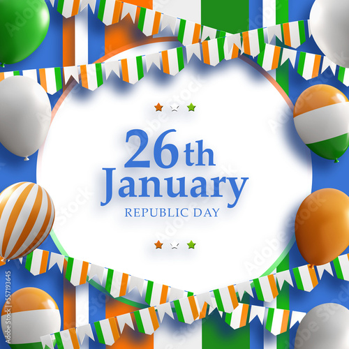 Happy republic Day 26th January, background with balloons and flag 
