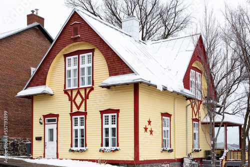 Historic Tudor Revival 1910 clapboard house seen during a snowy winter morning, Sillery area, Quebec City, Quebec, Canada