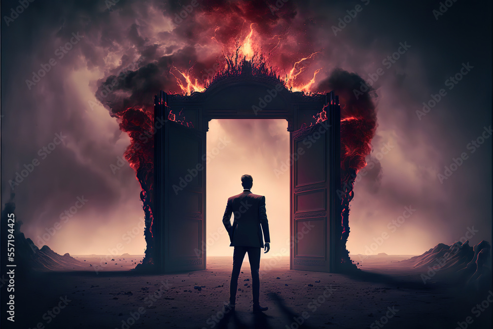 a politician or a business man standing at the gates of hell awaiting the eternal suffering he deserves, fire and flames and smoke in the background, generative ai - obrazy, fototapety, plakaty 