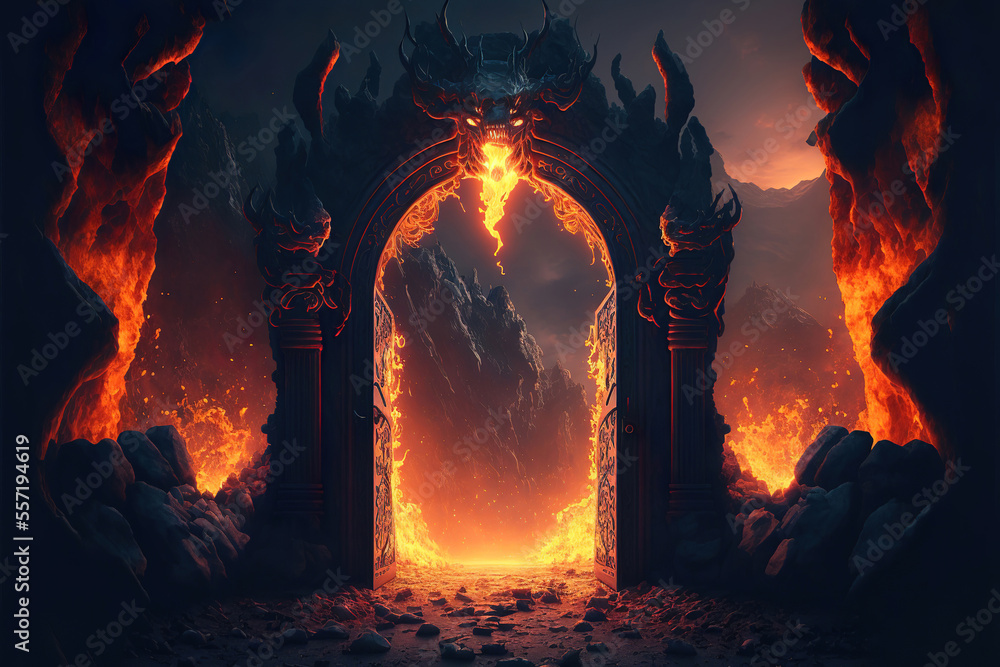 hell's gate, devil, horrific gates of hell with flames and fire and smoke, generative ai - obrazy, fototapety, plakaty 