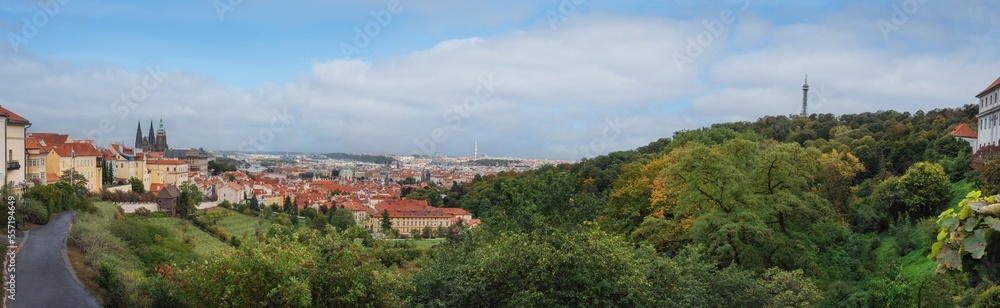 Panoramic aerial view of Prague Skyline with Prague Castle, Petrin Hill, Mala Strana and Old Town Buildings - Prague, Czech Republic