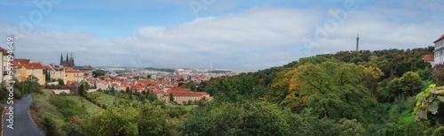 Panoramic aerial view of Prague Skyline with Prague Castle, Petrin Hill, Mala Strana and Old Town Buildings - Prague, Czech Republic
