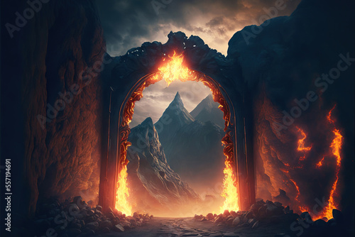 hell's gate, devil, horrific gates of hell with flames and fire and smoke, generative ai