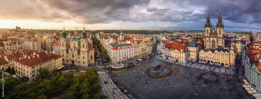 Panoramic aerial view of Old Town Square with Tyn Church and St. Nicholas Church - Prague, Czech Republic - obrazy, fototapety, plakaty 