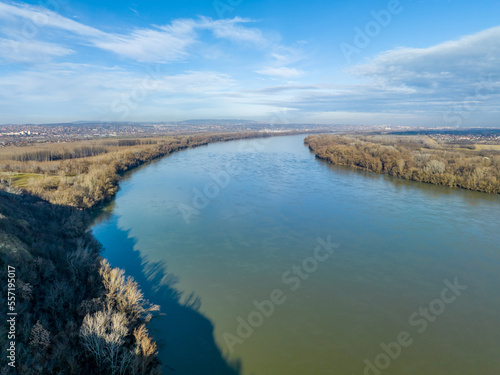 Hungary - Amazing Rocky coast next to the Danube river near Sz  zhalombatta city from drone view